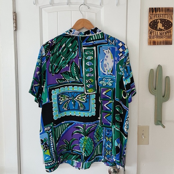 Bob Mackie Wearable Art 100% Silk Novelty Cat Short Sleeve Hawaïi Watercolor XL - Picture 3 of 7